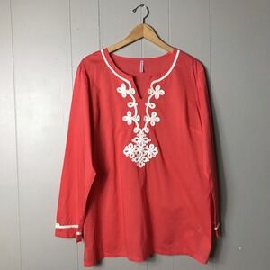 PASSPORTS DARK CORAL LIGHTWEIGHT COTTON TUNIC EMBROIDERED V NECK WOMENS LARGE